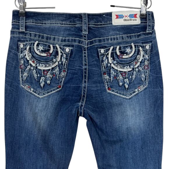 Grace in LA Bootcut Jeans Tribal Feather Embroider Fray Hem Easy Fit 32X33* (30) - Picture 4 of 16